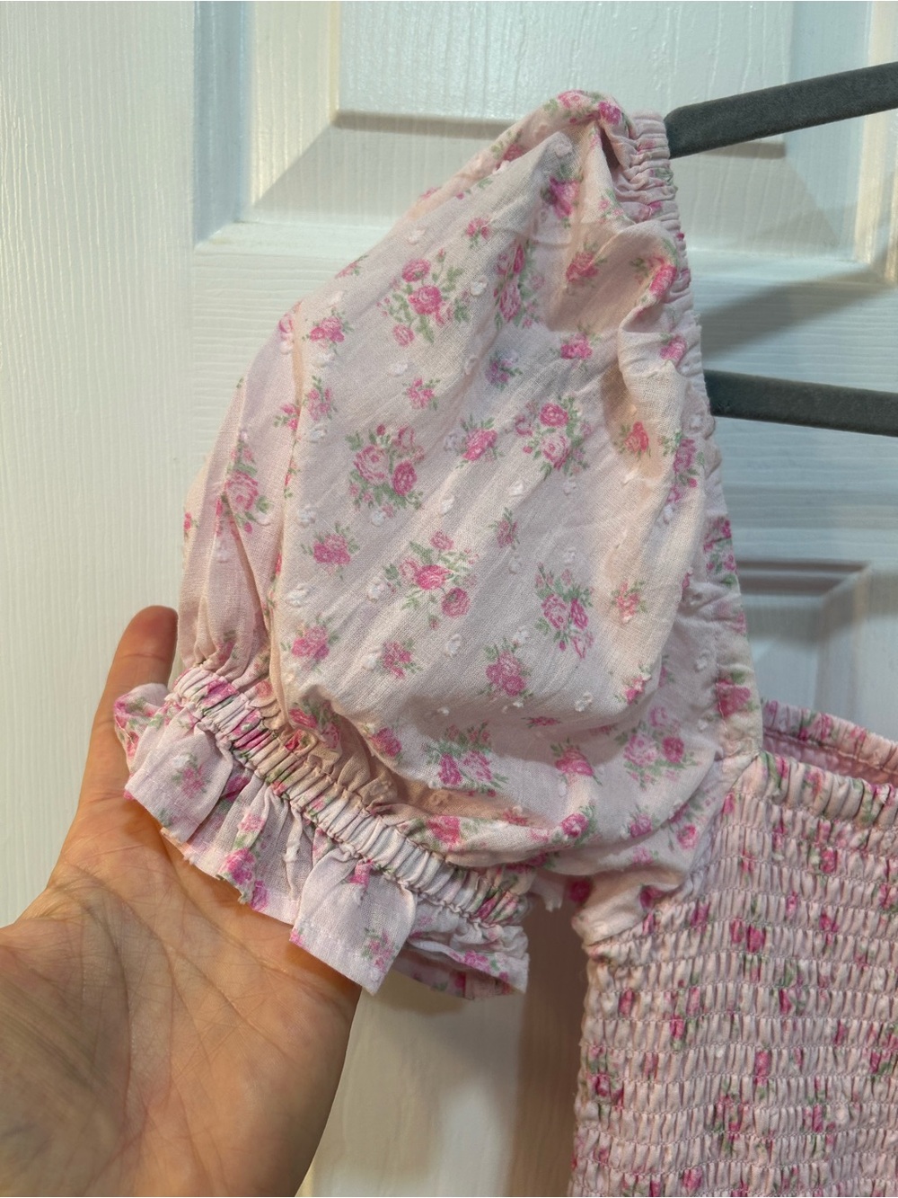 Altar’d State Pink Micro Roses Puff Sleeve Mini Dress Sz L Smocked Cottagecore - Picture 5 of 8
